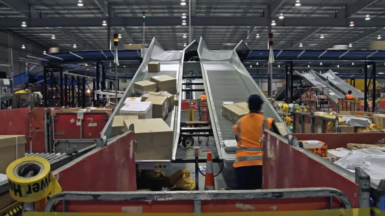 T/L WS工作人员从斜槽中取出分拣的包裹并堆放在板条箱中，新西兰奥克兰视频下载