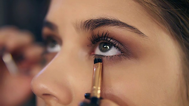 专业化妆师的手使用化妆刷应用眼影的特写视图。Slowmotion拍摄视频素材