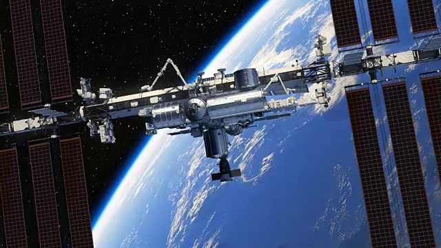 4 k。国际空间站在地球背景下的飞行。视频素材