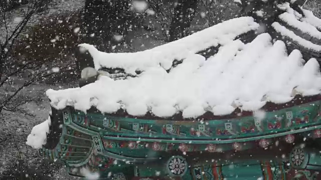 江原道江陵的韩国传统房屋屋顶上飘落着雪花视频素材