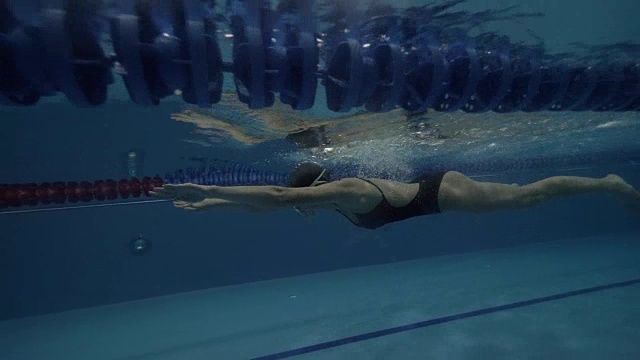 女子游泳者在黑色泳衣下浮动蛙泳在游泳池视频素材