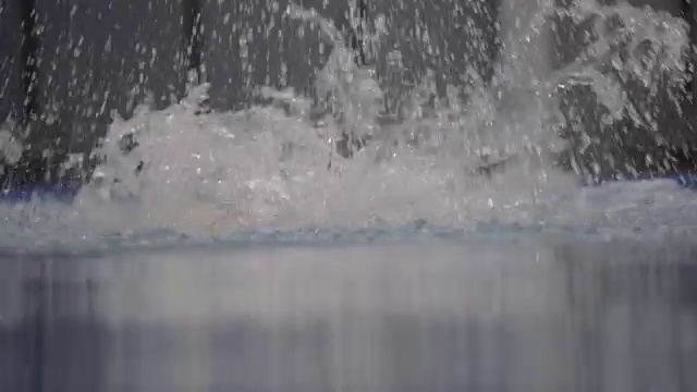 运动女子漂浮蝶泳在蓝色的水游泳池前视图视频素材
