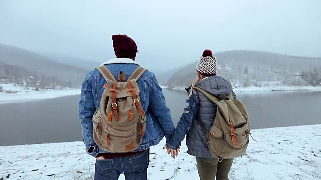 圣诞节时，一对年轻的潮人情侣在结冰的湖边手拉手视频素材