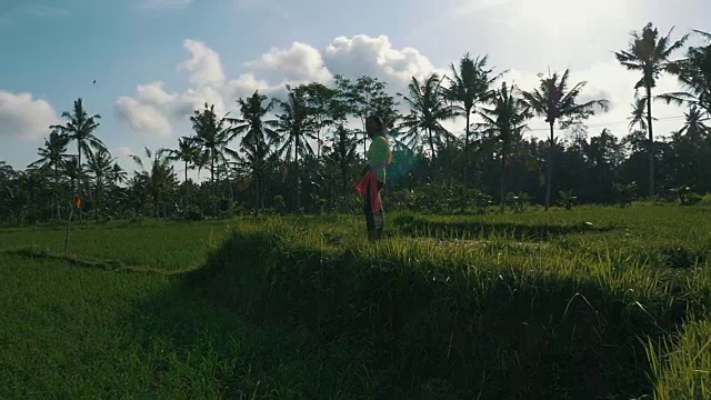 年轻美丽的女人站在稻田中间，看着窗外的风景，鸟儿在棕榈树的环绕下飞翔视频素材