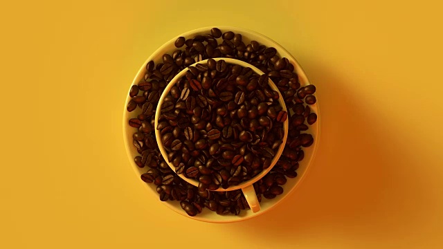 咖啡豆在一个黄色的杯子里旋转。视频素材
