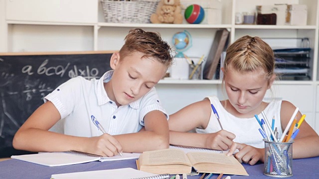男孩和女孩正在笔记本上写他们的家庭作业视频购买