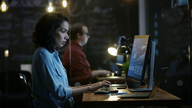 压力大、工作过度的女性金融家在用个人电脑工作时双手抱头。在后台创意办公室。视频素材