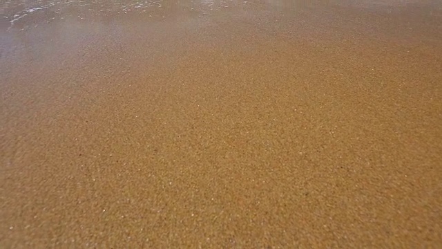 泡沫状的波浪带着金色的沙子快速滚上海岸，然后冲刷回大海视频下载