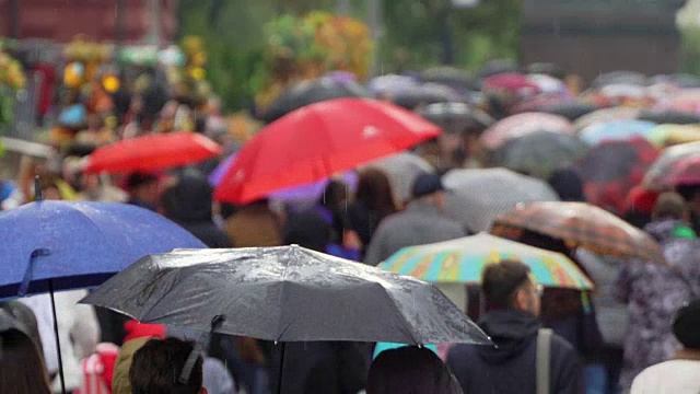 人们在繁忙的商业街撑着雨伞挡雨。真正的时间。红色的伞。人们在雨中带着雨伞上下班。模糊的散景。雨天的城市街道的自然背景视频下载