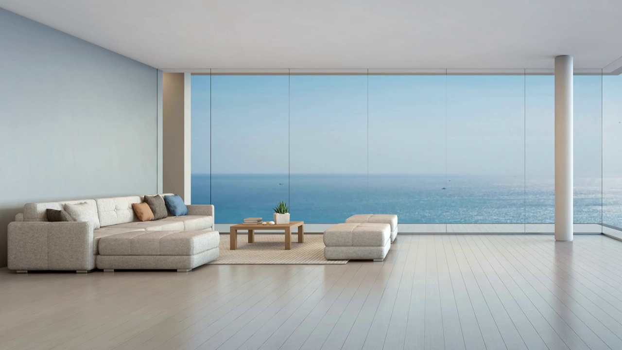 大的木地板沙发靠近玻璃窗户与海洋和蓝天背景的顶层公寓，休息室在现代豪华海滩别墅或酒店的海景客厅视频下载