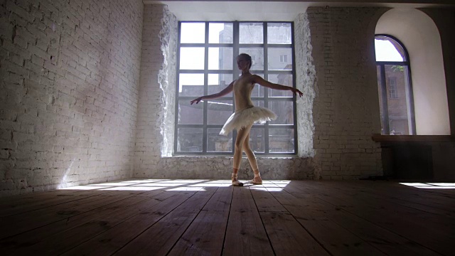 芭蕾舞女演员白天在大窗户前跳芭蕾舞视频素材