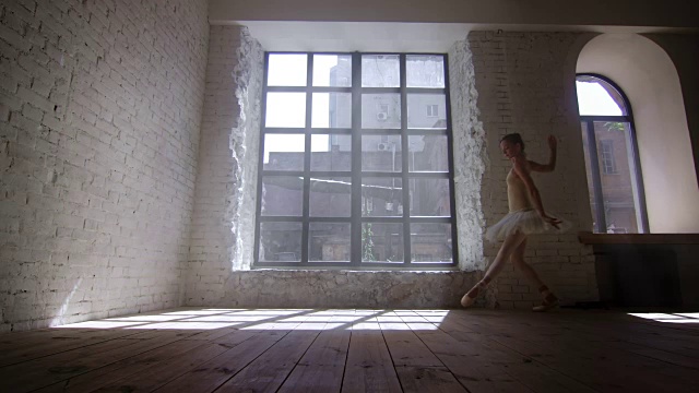 女芭蕾舞演员在阁楼风格的工作室在大窗户前训练视频素材