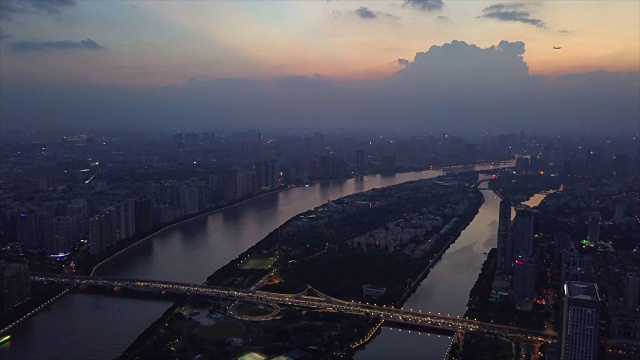 广州日落时间珠江海心沙岛市中心部分航拍全景4k中国视频下载