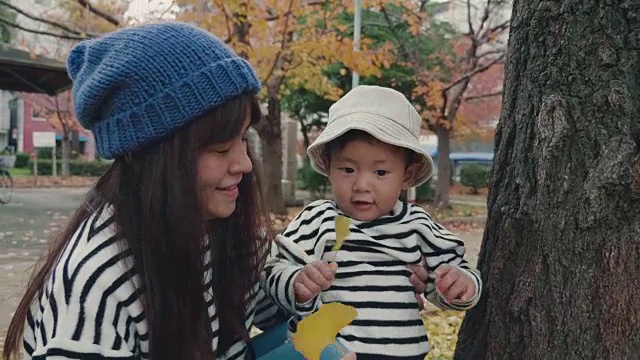 小男孩和妈妈在秋天的公园里玩耍。视频下载