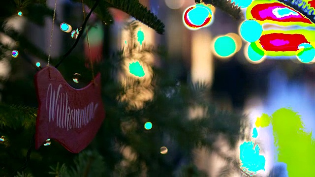 克拉科夫的圣诞树上挂着一块牌子，上面写着欢迎的字样，翻译成德语视频素材