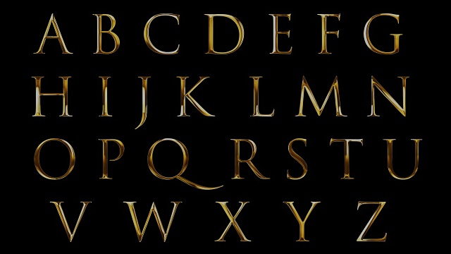 复古字体黄色金色金属字母字母字文本系列符号标志黑色背景，概念金色豪华字母装饰视频下载