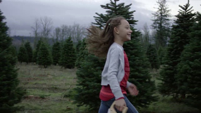 年轻的多民族女孩跑下一排树与锯子视频素材
