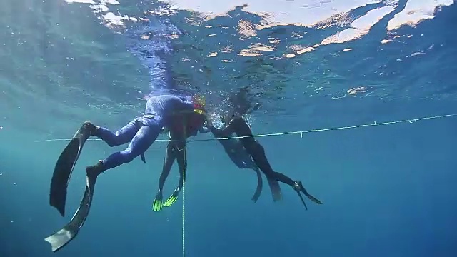 自由潜水者在海里沿着绳索上升视频素材