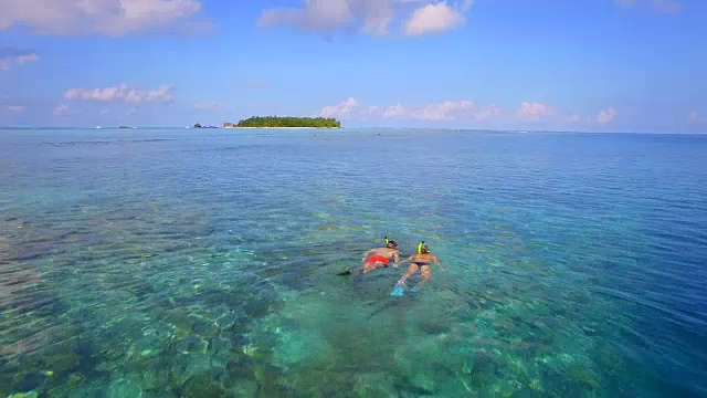 一名男子和一名女子在热带岛屿的珊瑚礁上空浮潜的无人机视图。视频素材