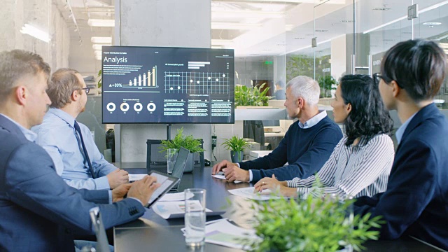 不同的成功商业人士在会议室，讨论公司的增长显示在墙上电视图表和统计。视频素材