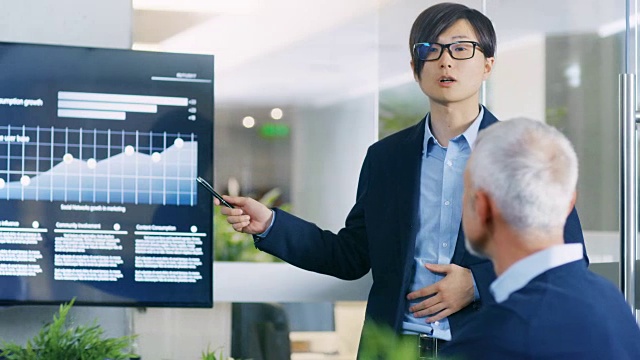 亚洲商人在墙上的电视屏幕上向他的商业同事提供报告/演示，指向显示统计数据、饼图和公司增长的结果。视频素材