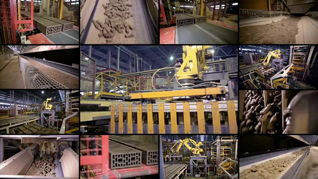 工作中的工业机器人设备。分屏蒙太奇。4 k。视频素材