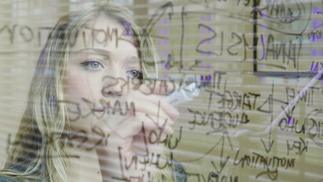 年轻的女商人用马克笔在玻璃上写字视频下载