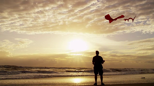 男性在户外放玩具风筝的剪影日落视频素材