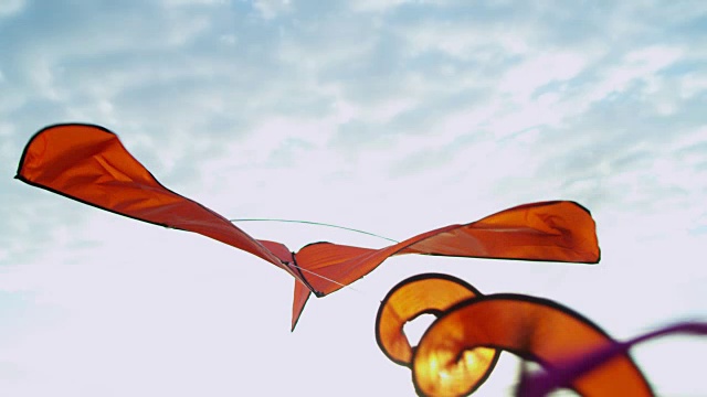 长螺旋尾巴的玩具风筝在户外飞行视频素材