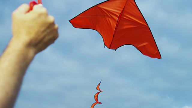 男手牵着彩色玩具风筝在户外飞翔视频素材
