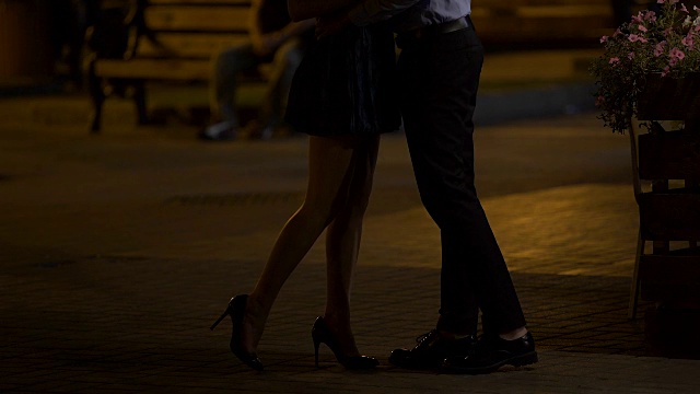 相爱的情侣站在公园里，亲吻拥抱，浪漫的约会，婚外情视频素材