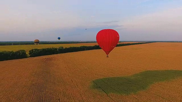 热气球飞过乡村田野，热气球锦标赛的选手视频素材