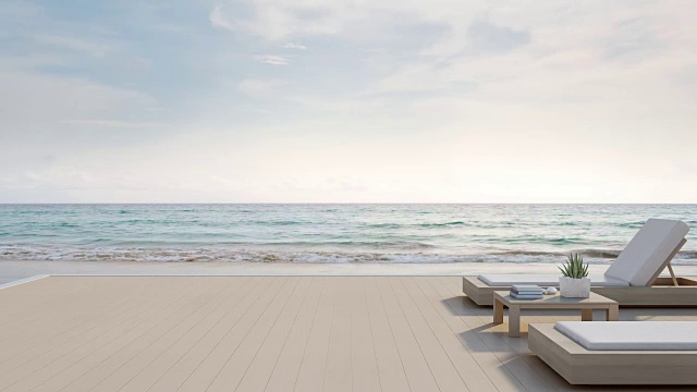 海景平台和床在现代豪华海滩别墅与蓝天背景，躺椅在木制甲板上度假的家或酒店视频素材