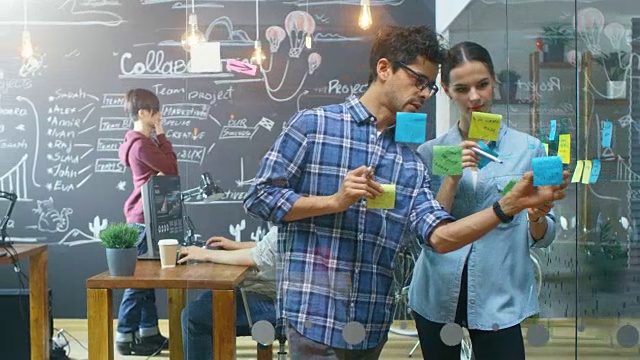 富有创造性的男性和女性开发者使用玻璃墙来用粘性纸勾勒新项目。背景:才华横溢的年轻人在黑板和个人电脑上工作。视频素材