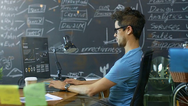 坐在办公桌前用个人电脑工作。在背景时尚的办公室。视频素材