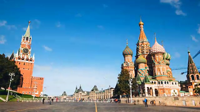 这是一幅由红场、克里姆林宫和圣巴塞尔大教堂组成的莫斯科城市全景图视频素材