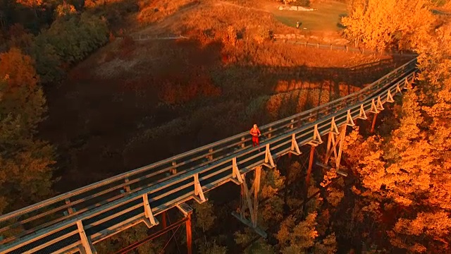 女慢跑者在森林中的木桥上伸展视频素材