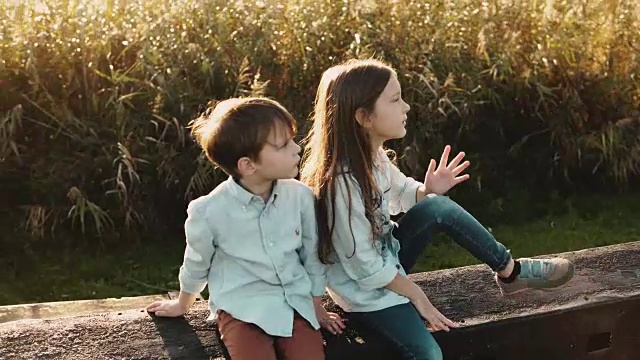 两个白人小孩坐在农场围栏上。男孩和女孩在一片阳光明媚的麦田附近看了看。移走了。4 k视频素材