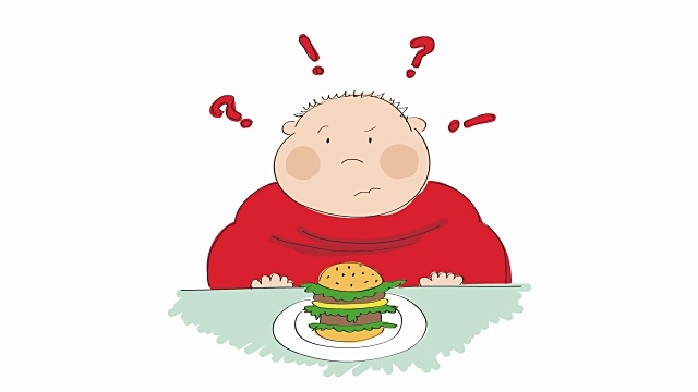 动画的一个胖男人与汉堡包坐在快餐，试图决定是否吃它或不，动画手绘卡通人物。视频下载
