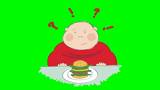 动画的一个胖男人与汉堡包坐在快餐，并试图决定是否吃它或不，动画手绘卡通人物，在色度键绿色屏幕背景。视频下载
