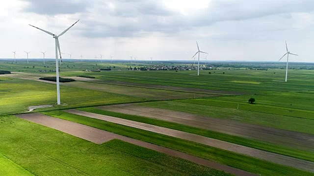 风力涡轮机矗立在油菜和小麦盛开的田野上视频素材