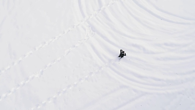 从空中俯瞰冬天穿着雪鞋在白雪覆盖的田野上行走的人。欧洲阿尔卑斯山户外自然景观雪山。4k无人机飞行直线向下的视角视频素材