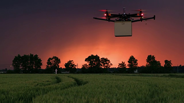 WS无人机在黄昏时分在田野上递送包裹视频素材