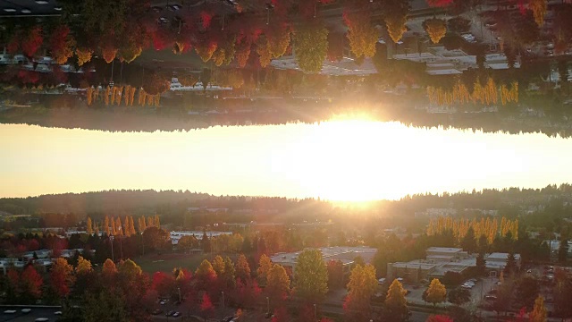 秋天季节空中背景反射镜秋天的颜色在城镇视频素材
