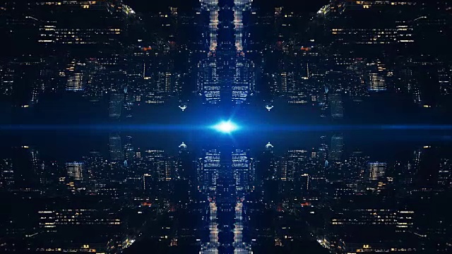 未来技术背景反射镜城市建筑在夜间空中视频素材