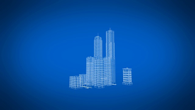 当代生长建筑的美丽旋转蓝图。施工与技术概念。蓝色3d动画。视频下载