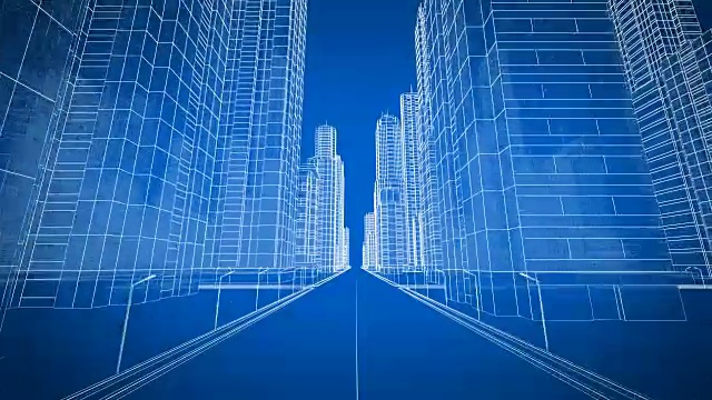 穿越现代城市数字3d蓝图。施工与技术概念。蓝色3d动画。视频素材