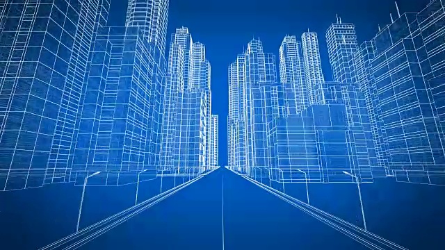 穿越成长中的现代城市数字3d蓝图。施工与技术概念。蓝色3d动画。视频素材