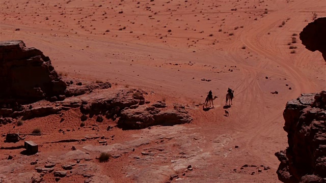 中东约旦瓦迪拉姆沙漠，骆驼上的贝都因人和一只狗。视频素材