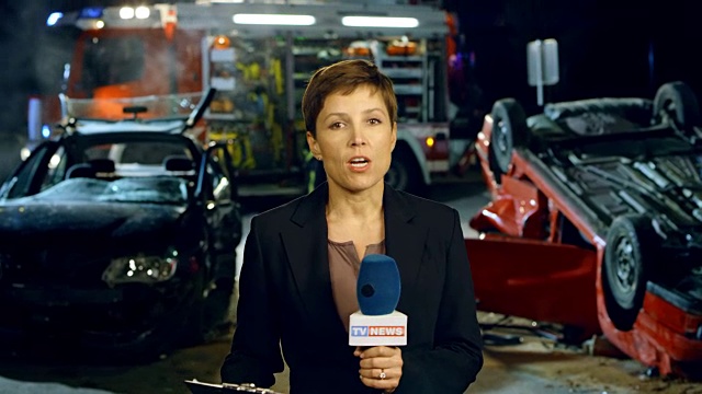 女记者晚上从车祸现场发回的报道视频素材